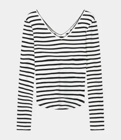 10Days V-neck long sleeve ballet top stripes ecru/black 20-772-5202-3006